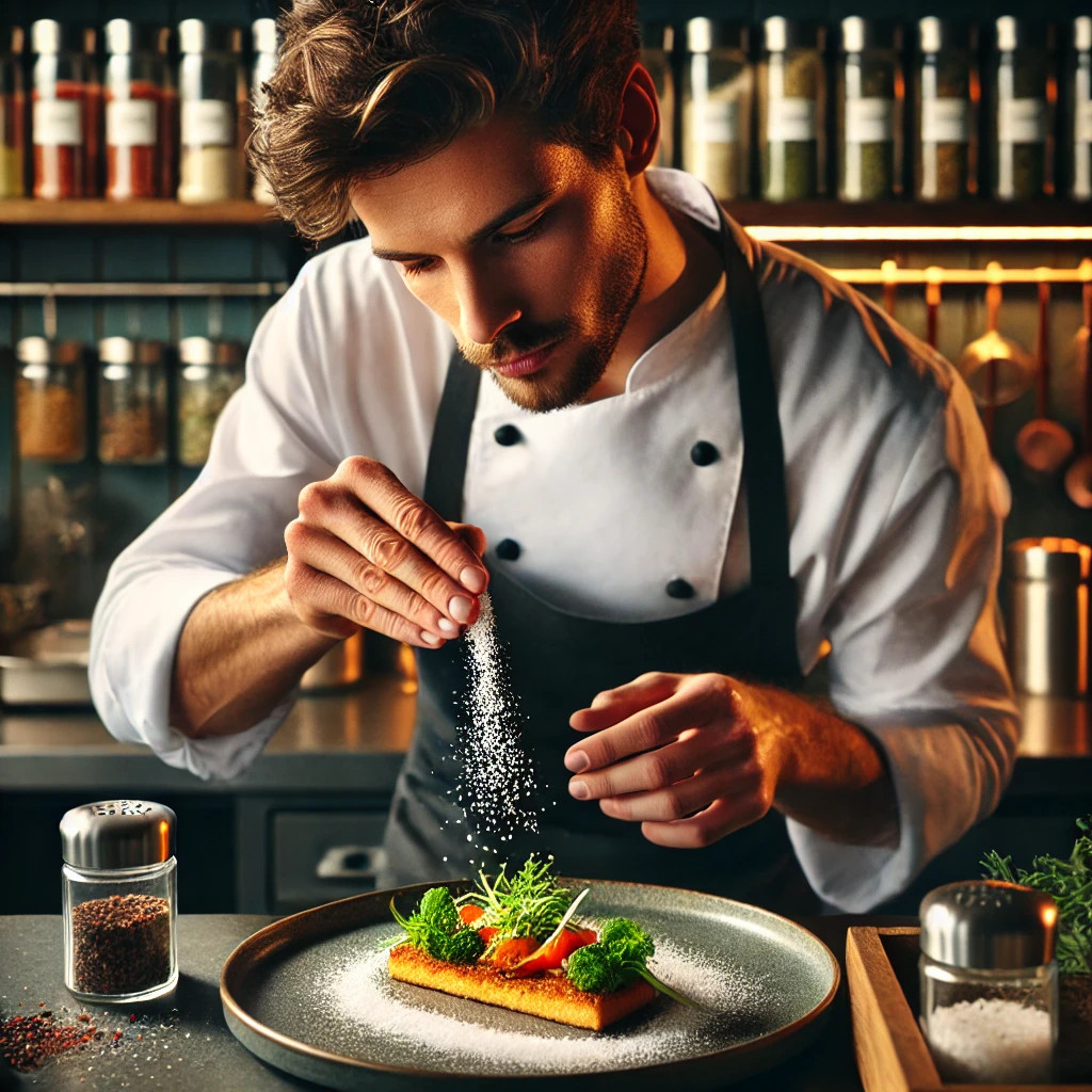 chef sprinkling finishing salt over a plated dish